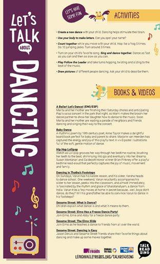 Try these activities and check out these books and videos to talk about dance with your child!